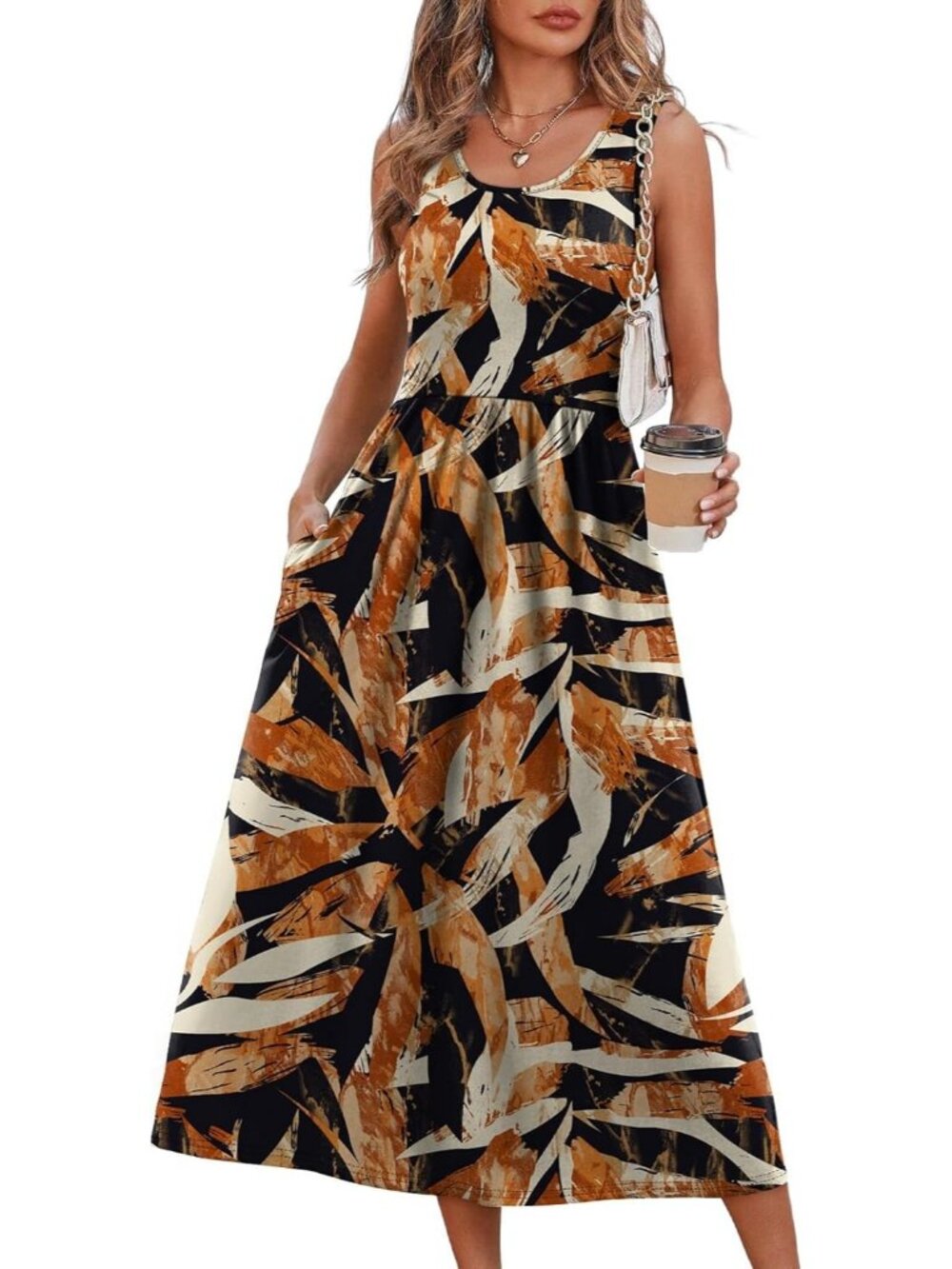 Women's Midi Dresses Brown Leaf Print Scoop Neck Sleeveless Summer Casual Soft